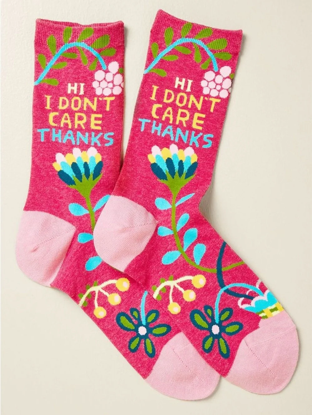 Blue Q- Bright Pink Floral 'Hi I Don't Care Thanks' Socks
